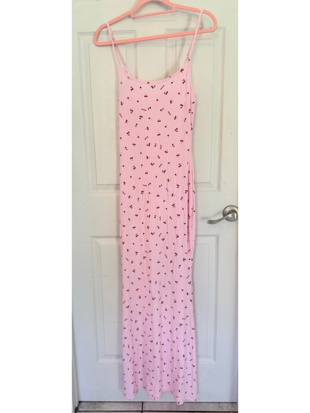 Skims Pink Maxi Length Cherry Print Ribbed Body Con Dress XL